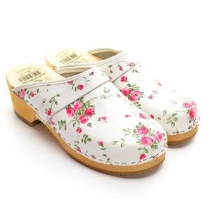 Simson Fleuriste White Floral Wooden Dutch Clogs 38 New